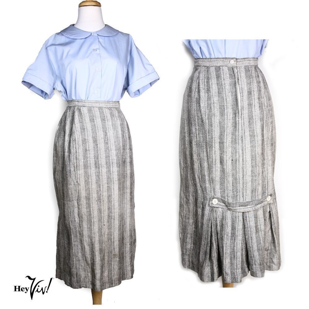 Vintage Early 80s Gray Stripe High Waist Midi Skirt Gathered Back Sz 9 - Hey Viv